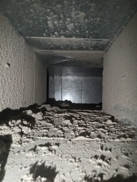 Thick dust and debris coating every surface inside a home air duct before cleaning.