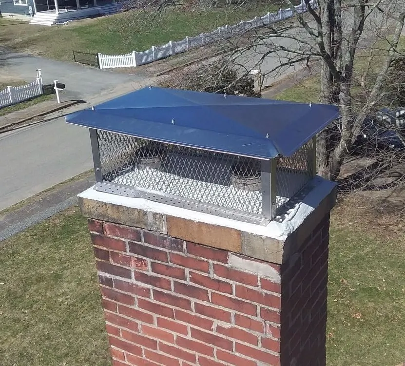 Stainless steel multi-flue chimney cap with mesh animal screening installed on a brick chimney.