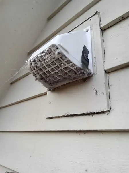 A dryer vent hood with its guard screen choked shut by lint before Armstrong's cleaning.