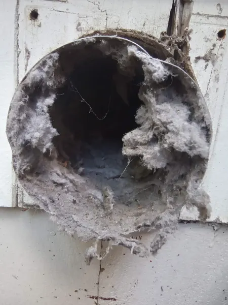 An exterior dryer vent opening completely packed with gray lint before cleaning, a serious fire hazard.