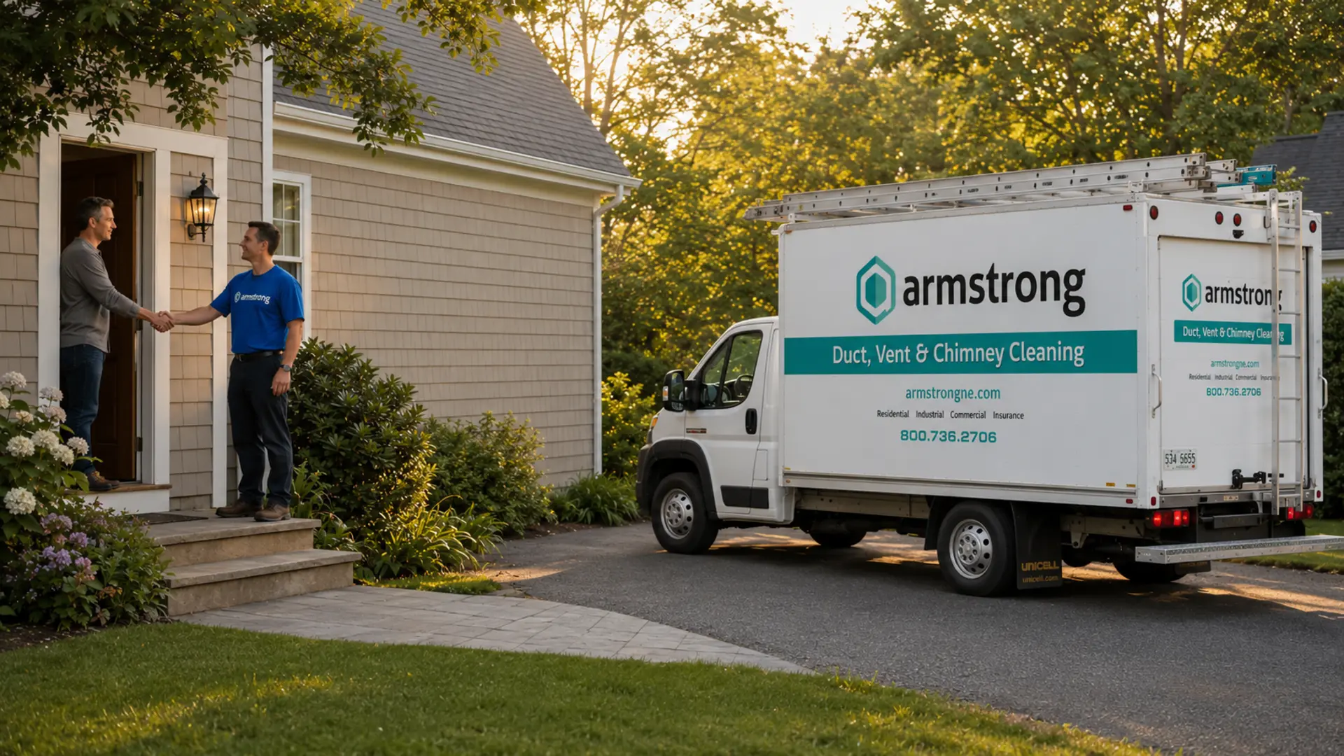 Armstrong technician arriving at a New Hampshire home for residential air duct, vent, and chimney services