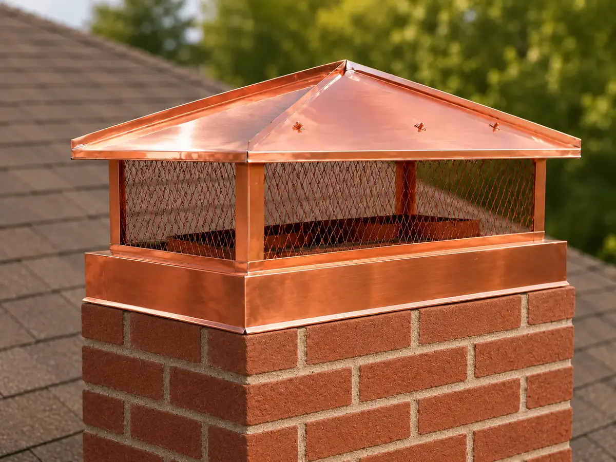 Handcrafted copper chimney cap protecting a residential masonry chimney