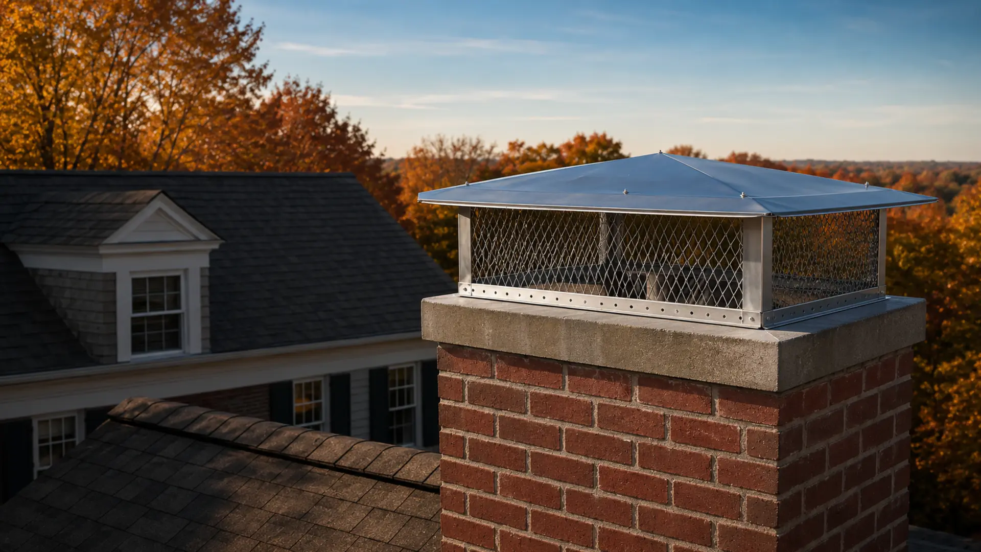 Custom stainless steel chimney cap installed on the brick chimney of a New England home