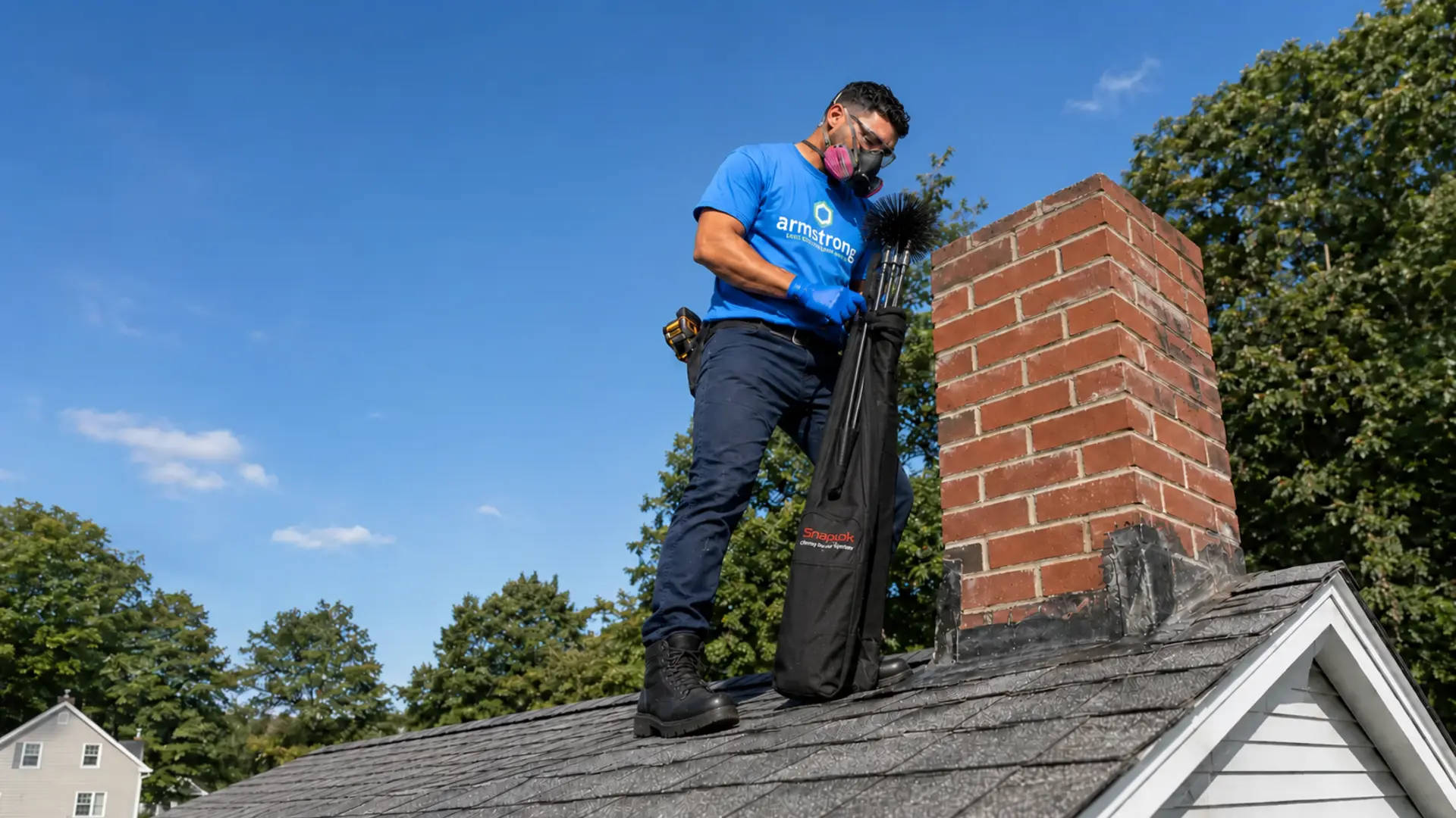 CSIA-certified chimney sweep inspecting a brick chimney on a New England home