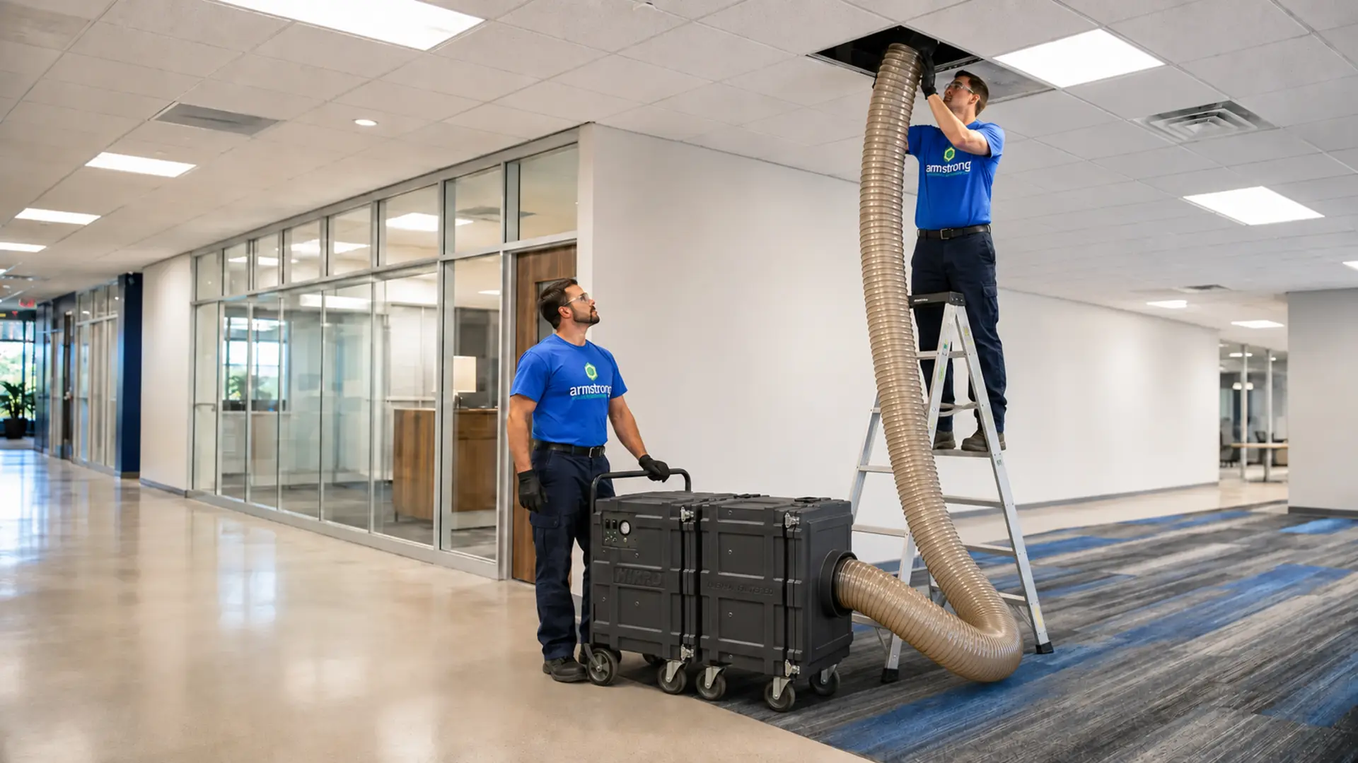 Armstrong technicians cleaning air ducts in a large commercial building with HEPA-filtered vacuum equipment