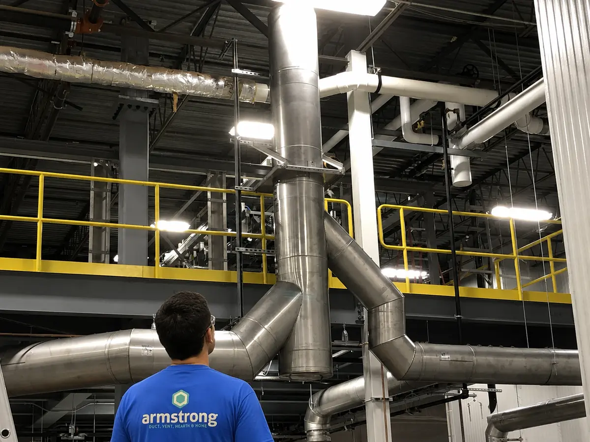 Armstrong technician cleaning the breeching and stack base of a commercial boiler chimney
