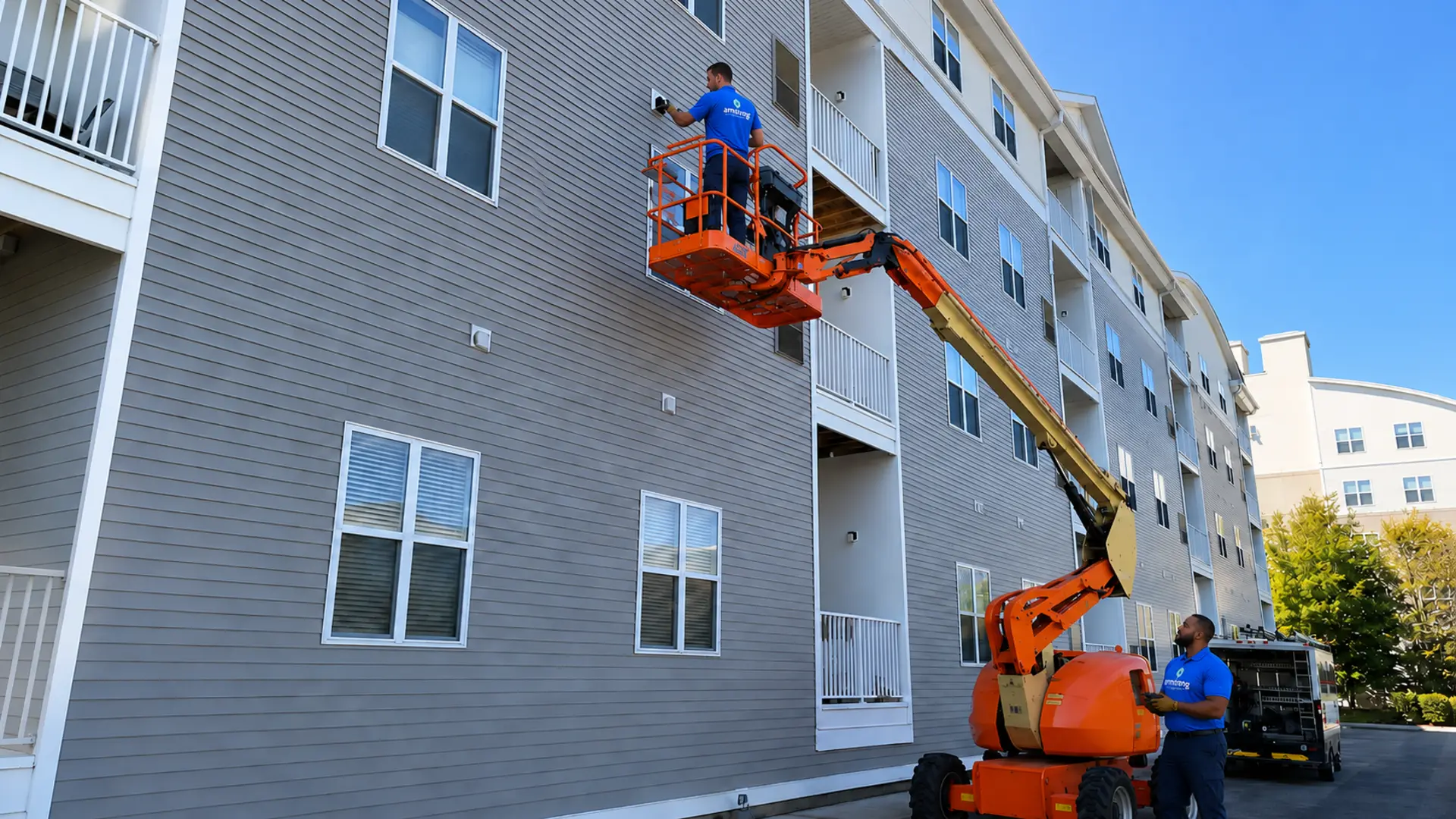 Technician cleaning lint from a commercial dryer vent system in an apartment building laundry facility