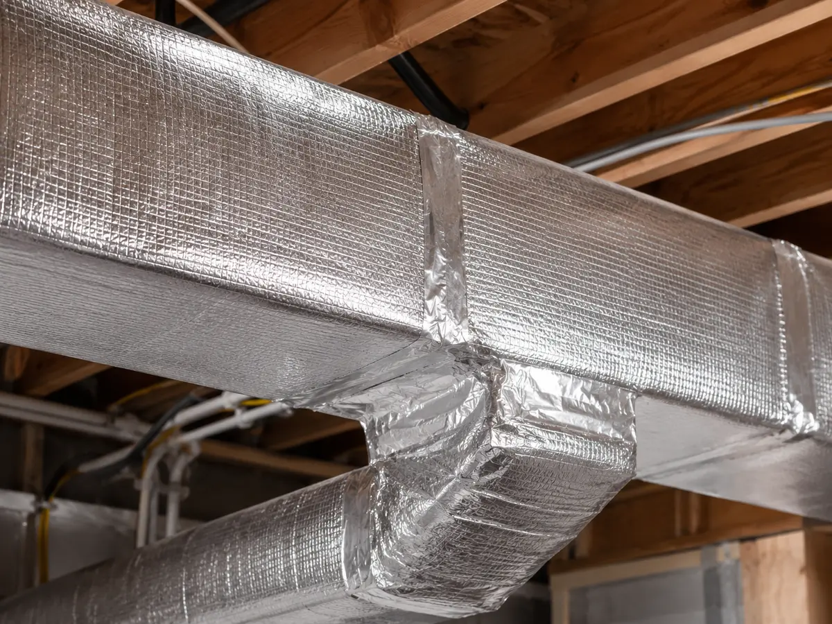 Sealed and insulated home HVAC ductwork wrapped in fresh insulation