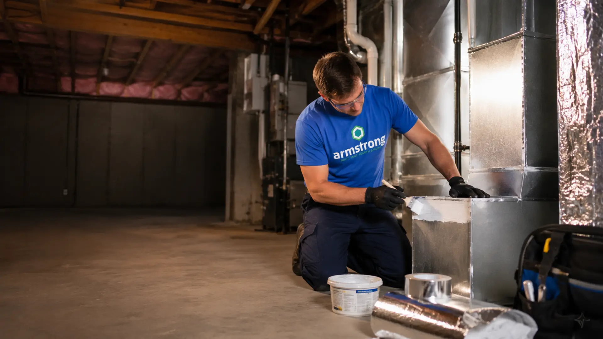 Armstrong technician sealing and insulating residential HVAC ductwork in a New Hampshire home