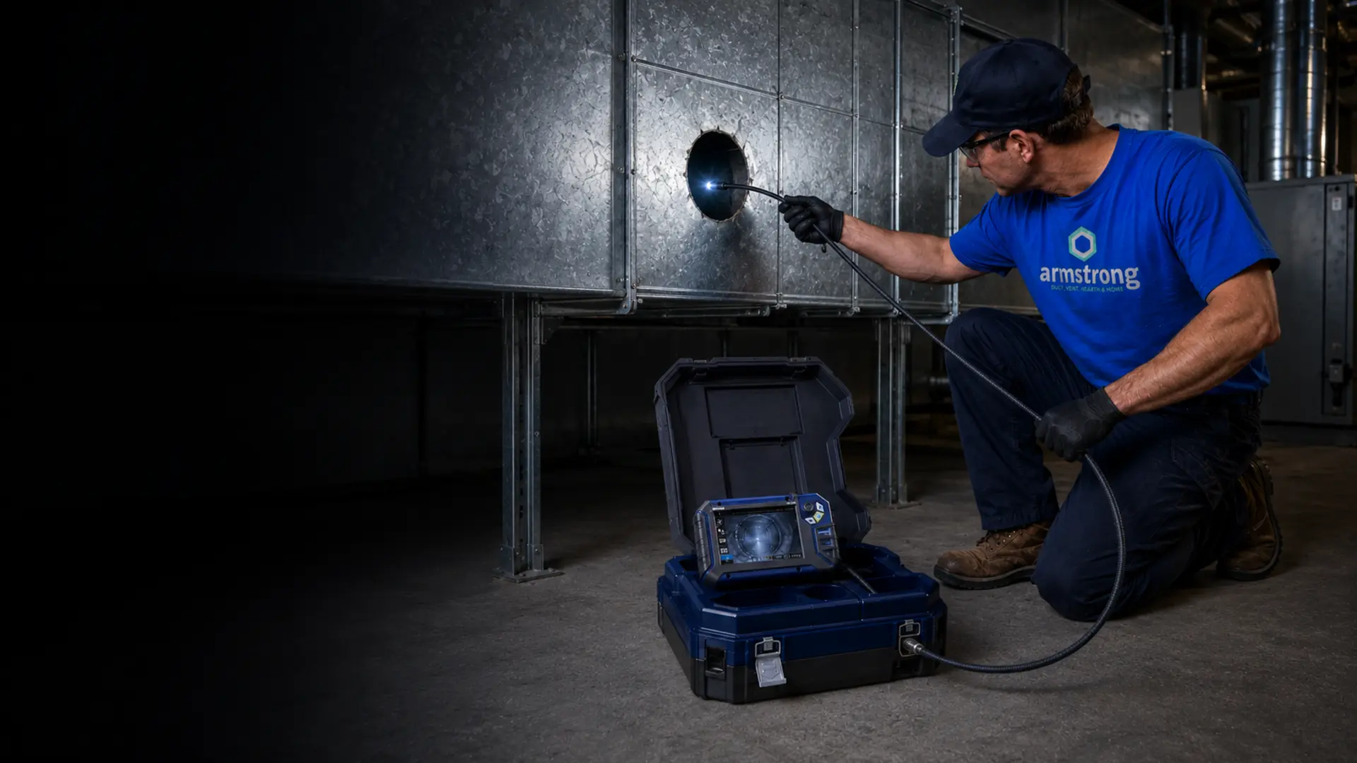 Robotic inspection camera revealing the inside of commercial ductwork on a monitor
