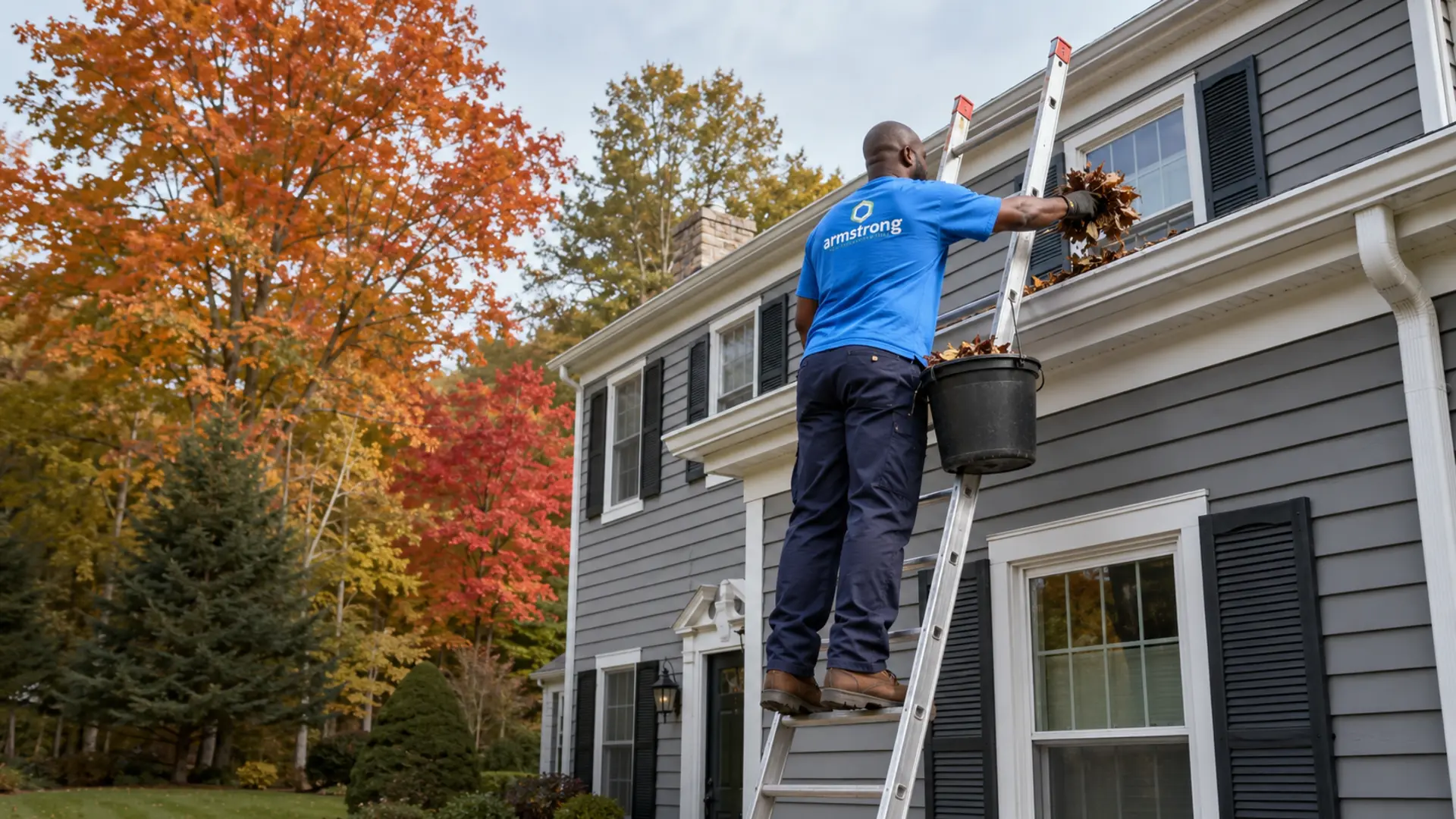 Technician clearing leaves and debris from home gutters in New Hampshire