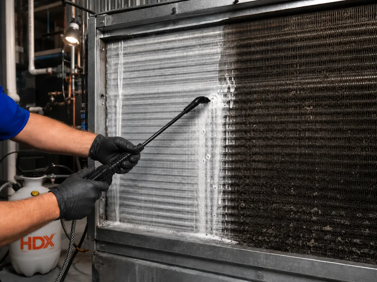 Armstrong technician cleaning commercial HVAC evaporator coils with specialized equipment