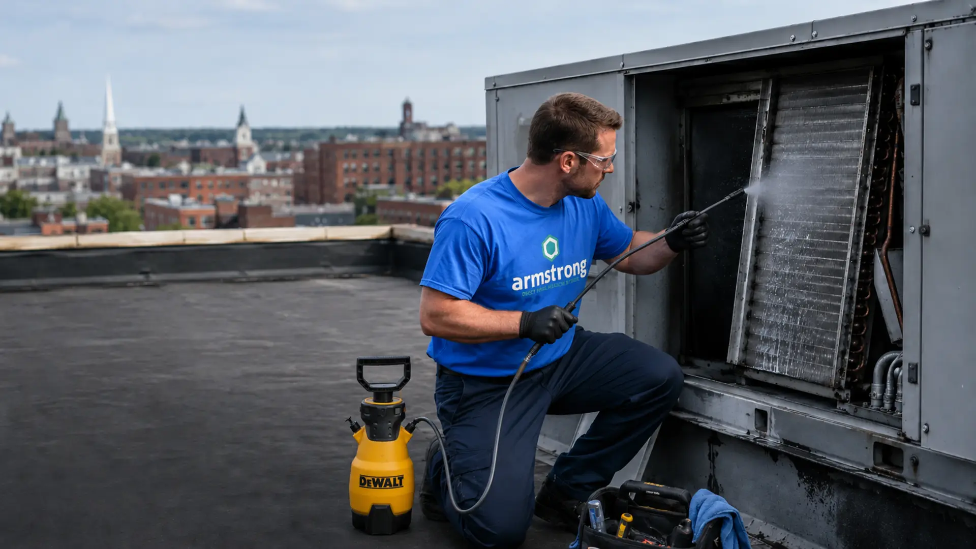 Technician deep-cleaning the evaporator coils of a commercial rooftop HVAC unit