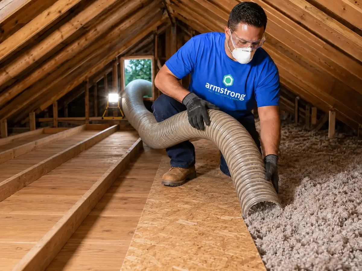 Armstrong technician removing old blown-in insulation from an attic with vacuum equipment