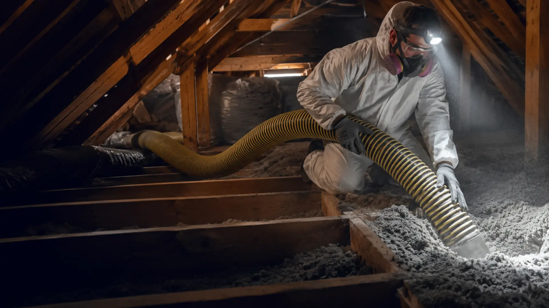 Technician vacuuming old blown-in insulation out of an attic with a large removal hose