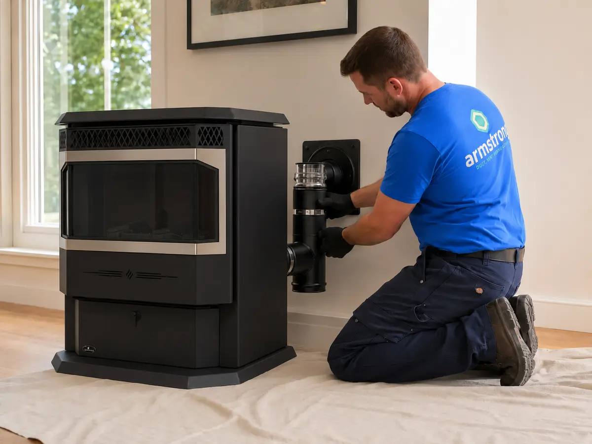 Armstrong technician fitting a pellet stove and venting