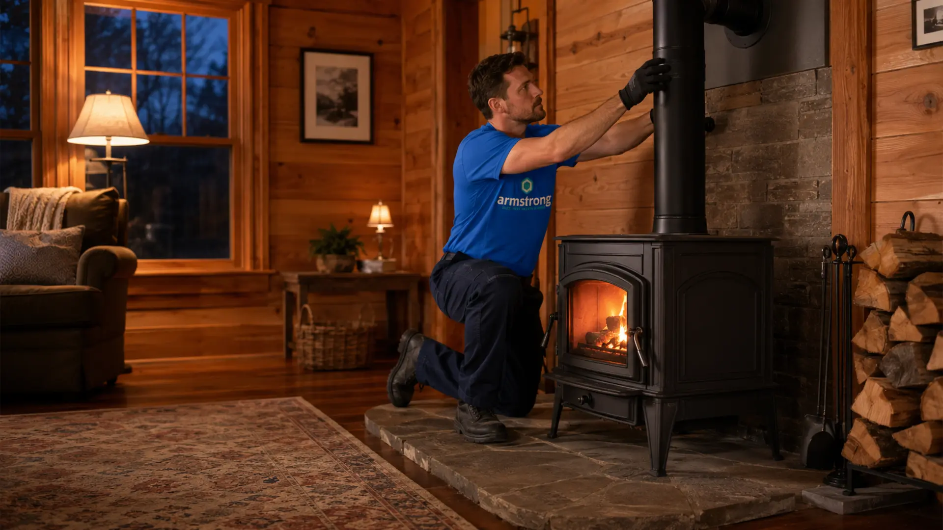 Technician installing a wood stove in a New England living room