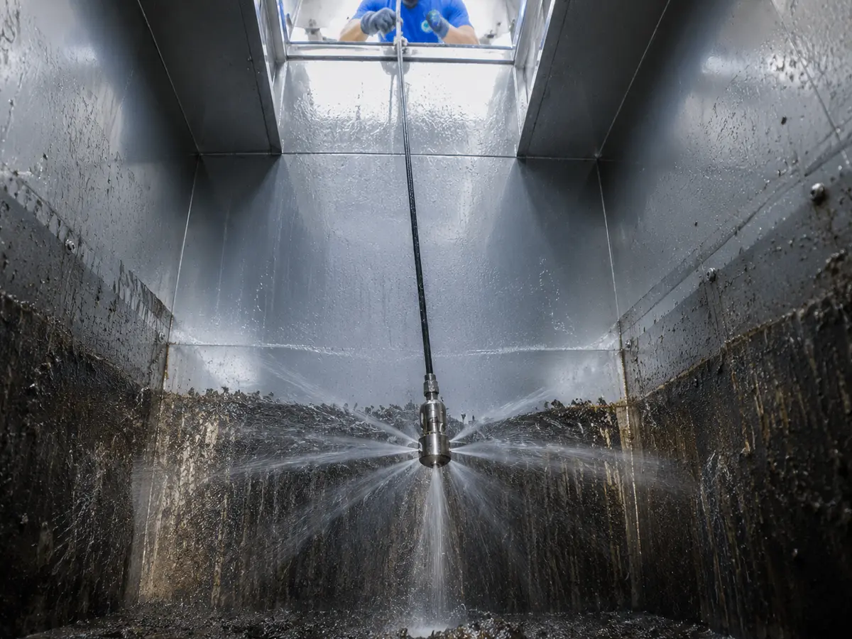 Armstrong technician high-pressure cleaning a commercial trash chute